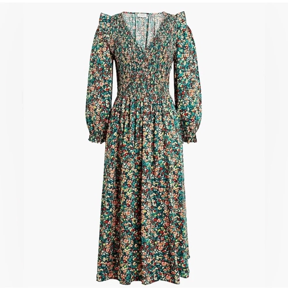 J. Crew V-Neck Smocked Green Floral Midi Dress - Picture 3 of 11